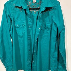 Wrangler Turquoise Embroidered Shirt with teal pearl snaps
